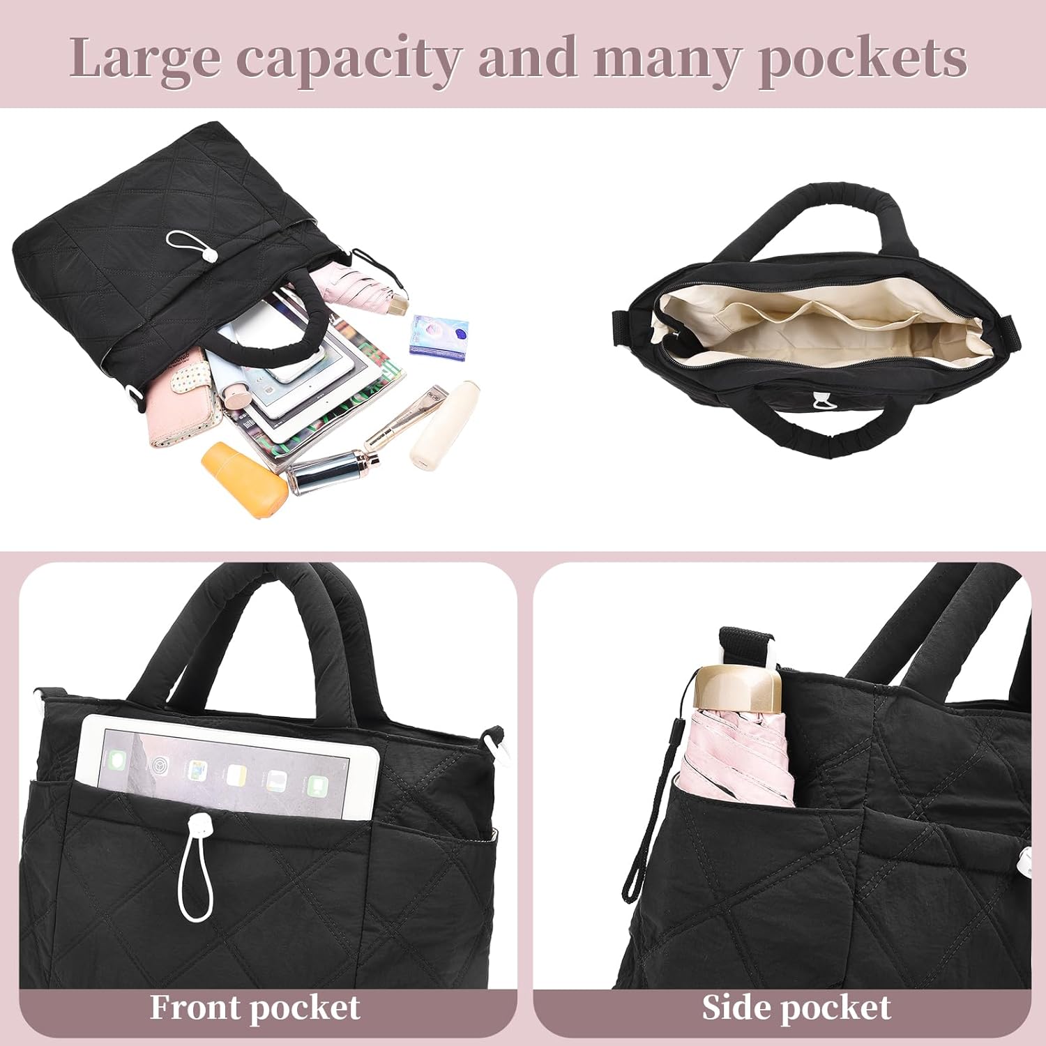 I IHAYNER Puffer Tote Bag for Women Lightweight Top Handle Handbag Large Shoulder Bag with Zipper for Travel Work