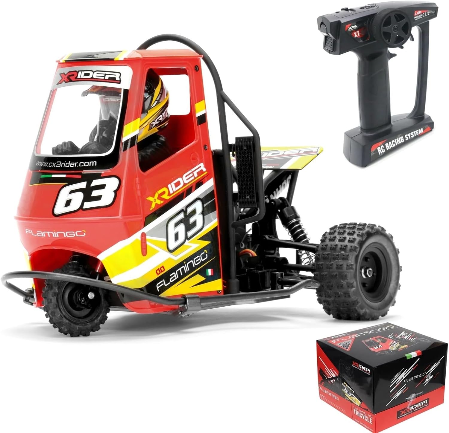 HTLNUZD 1/8 RC X-Rider Flamingos 2.4G 3WD 2 in 1 ESC High Speed Rc Car Electric Tricycle Motorcycle Tricycle RTR Drift Adult Vehicles Collection Model (Red)