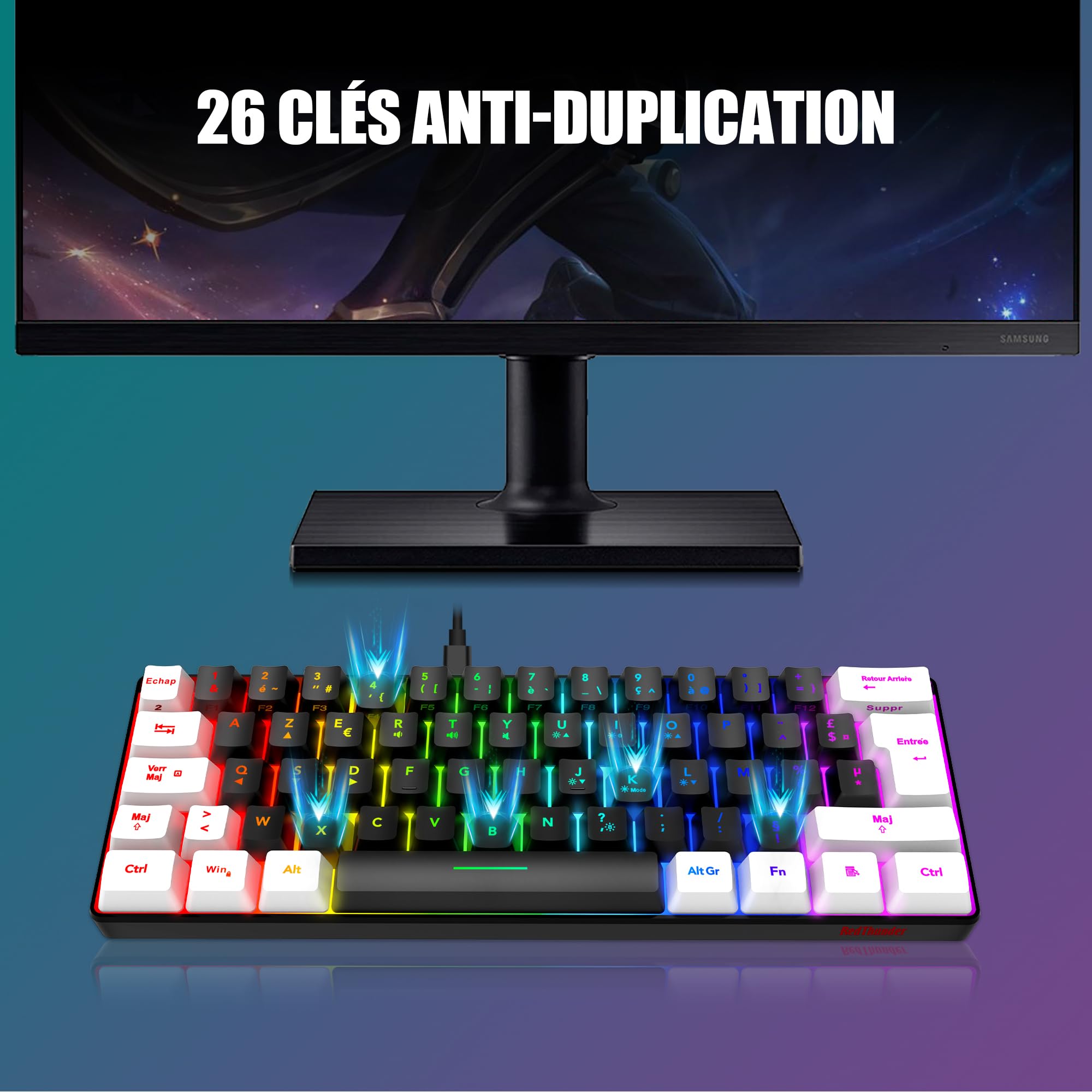 RedThunder 60% Set di tastiera e mouse 2 in 1 Gamer, AZERTY FRANCESE, Mini tastiera ultra-compatta retroilluminata RGB 62 tasti, mouse leggero 6 pulsanti 7200 DPI per PC Mac PS5 Xbox (nero-bianco)