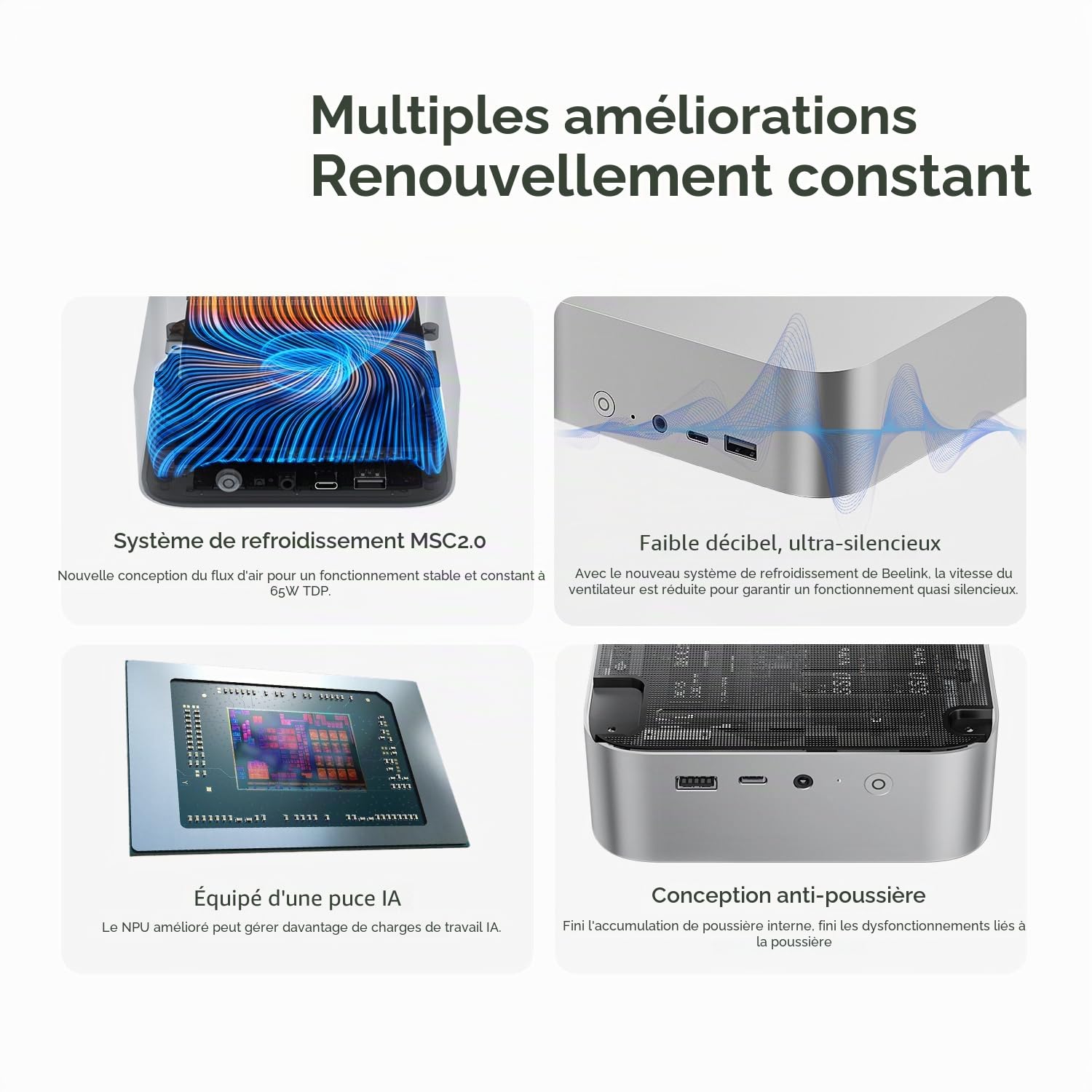 Beelink SER8 Mini Gaming PC, Processeur Ryzen 7 8845HS 8 cœurs 16 Threads 5.1 GHz, RAM 64G DDR5, SSD 1T, 4K@120Hz, USB4/DP/HDMI/ 2.5G LAN/WiFi6 BT5.2