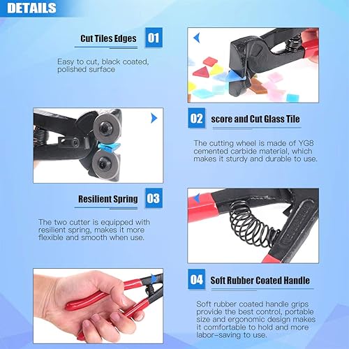 Miniatura 4 de Glarks Juego de 9 herramientas de mosaico, 2 pinzas de mosaico de vidrio con ruedas resistentes y alicates cortadores de azulejos con 7 herramientas