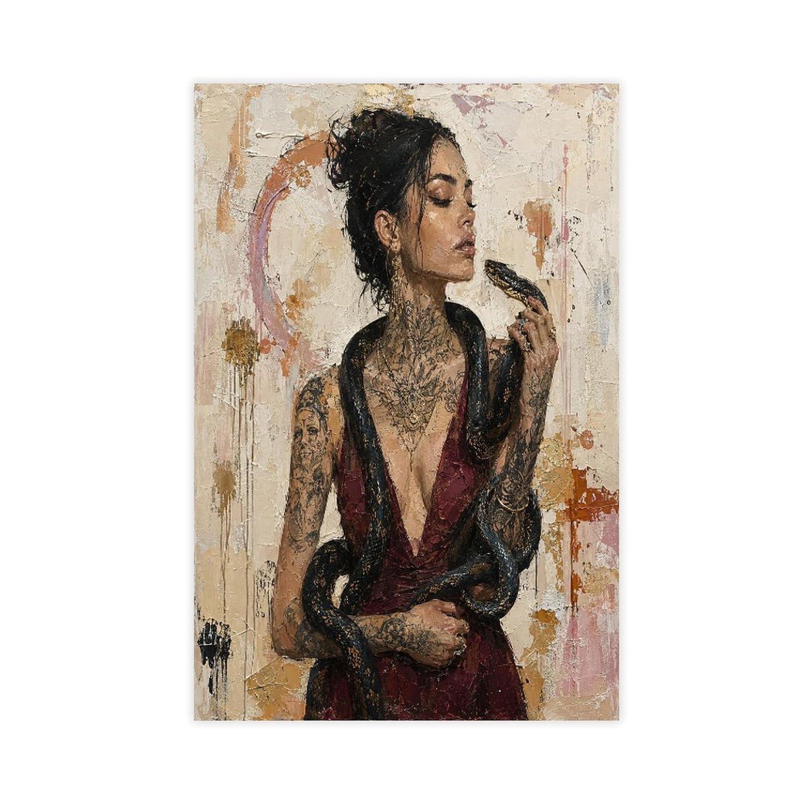 W7c8u2x3 Unframe-Style-7 Tattooed Woman With Wine Canvas Wall Art, Bedroom Wall Art