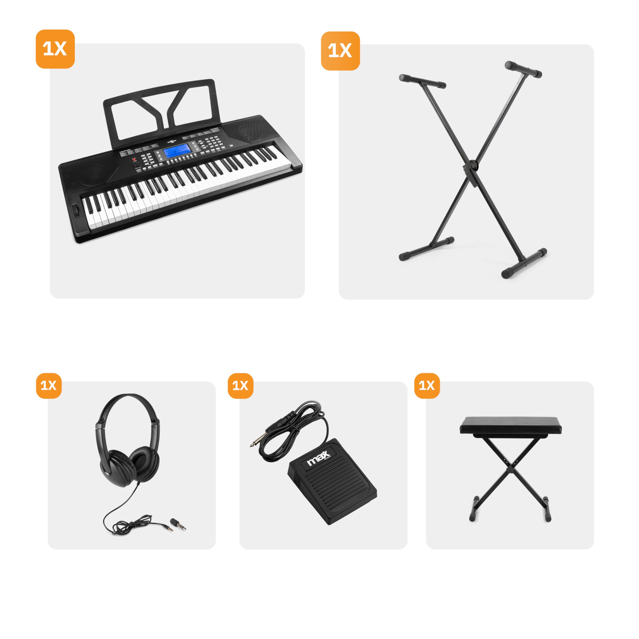 Max Rhapsody61P Clavier Électronique, 61 Touches Sensibles à la Vélocité, avec Casque Audio, Stand, Banc et Pédale de Sustain inclus, Connexion MIDI, Deux Haut-parleurs Intégrés, Molette de Pitch Bend