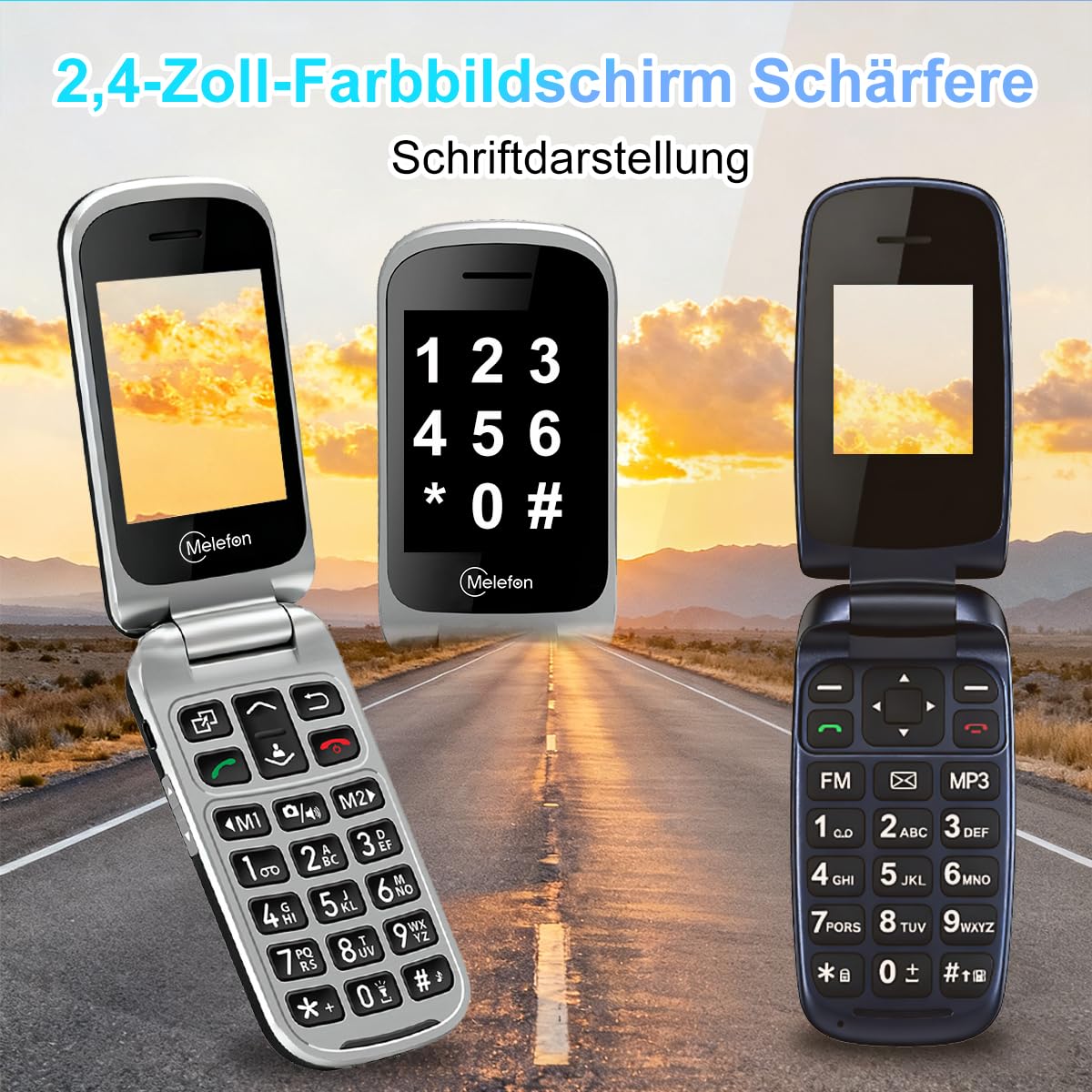 4G-Seniorenhandy – Klapphandy ohne Vertrag mit großem 2,4-Zoll-Farbdisplay, großen Tasten, SOS-Taste, Direktwahltasten M1/M2 | USB-C-Ladestation, UKW-Radio, 1350-mAh-Akku
