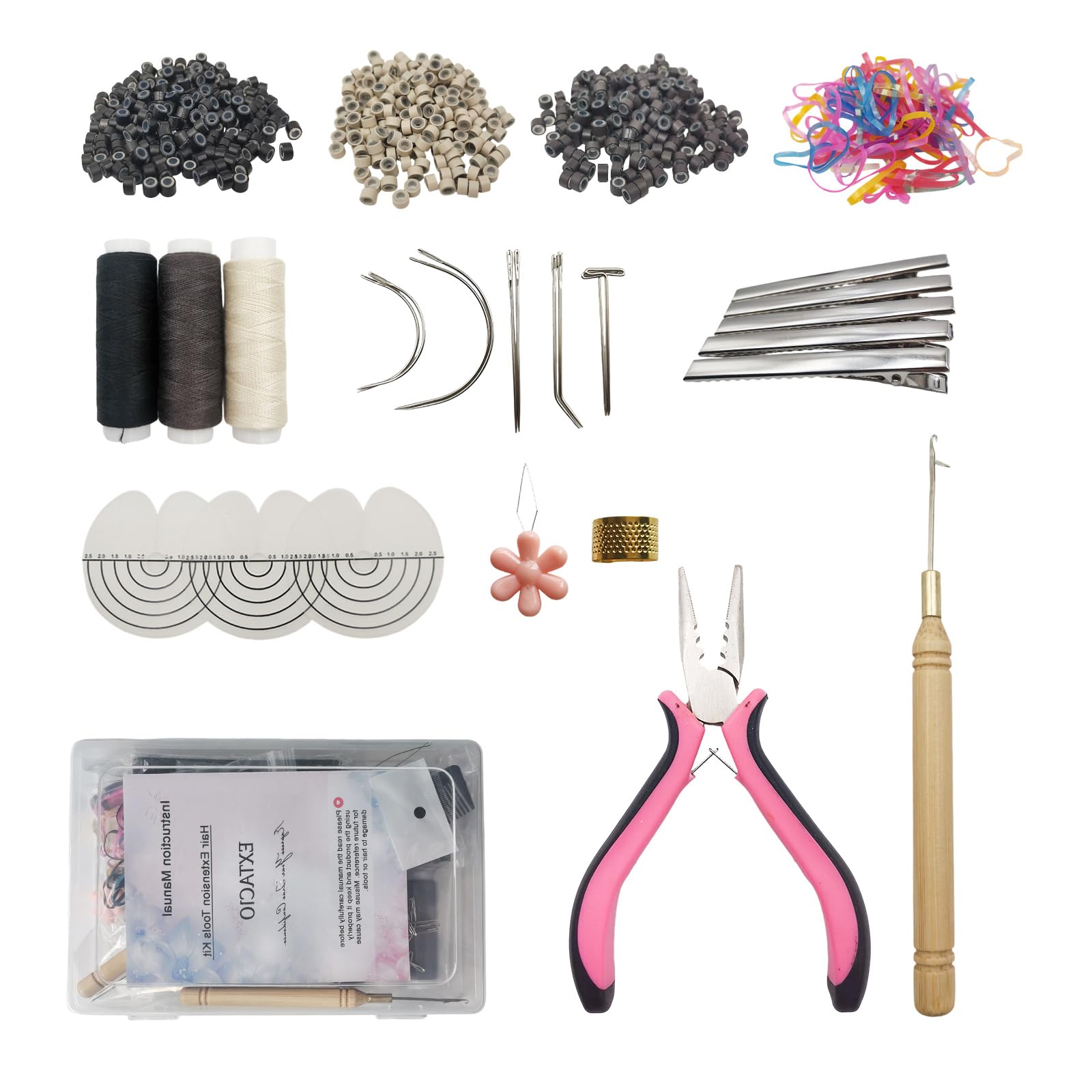 Hair Extension Kit, Micro Ring Beads Tool Set with Pliers, Wooden Handle Crochet Hooks, Loop Needle, Separator Discs, Thread & Clips for I Tip, Micro Link & Fusion Extensions (Basic Kit)