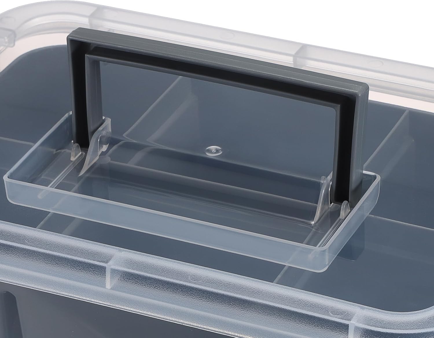 JUXYES 2 Pack 3-Tiers Stack Carry Storage Box With Divided Tray, Transparent Stackable Storage Bin With Handle Lid Latching Storage Container for School & Office Supplies, Dark Gray