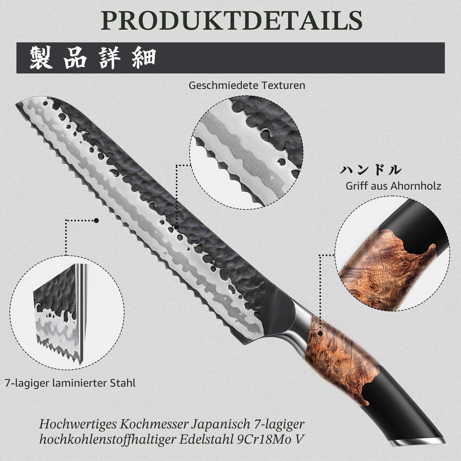 SHAN ZU Brotmesser mit Wellenschliff Profi 20 cm aus 7 Schichten Hochwertigem Rostfreiem Carbon Stahl, Extra Scharfe Messerklinge mit Ergonomischem Ahornholzgriff | 7 Lagen Carbonstahl, 10Cr15MoV-Stahlkern, extra scharfer Klinge, Ahornholz-Griff & Geschen