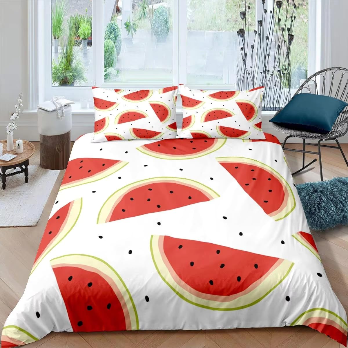 Housse de couette 240x260 pastèque parure lit 2 personnes microfibre avec 2 taies 65x65 cm
