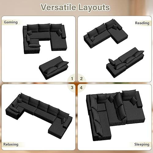 Miniatura 8 de Sofá seccional en forma de nube con chaise en L, sofá modular moderno y cómodo con asiento profundo, sofás tapizados en corduroy de forma U Negro