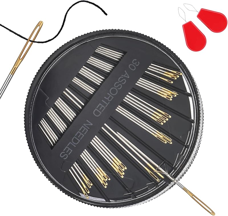 Ftyiwu Paquete de 30 agujas de coser surtidas, agujas de bordar para coser a mano | Agujas de coser a mano de ojo grande de 6 tamaños con enhebradores para proyectos de manualidades, costura a mano, reparación de costura