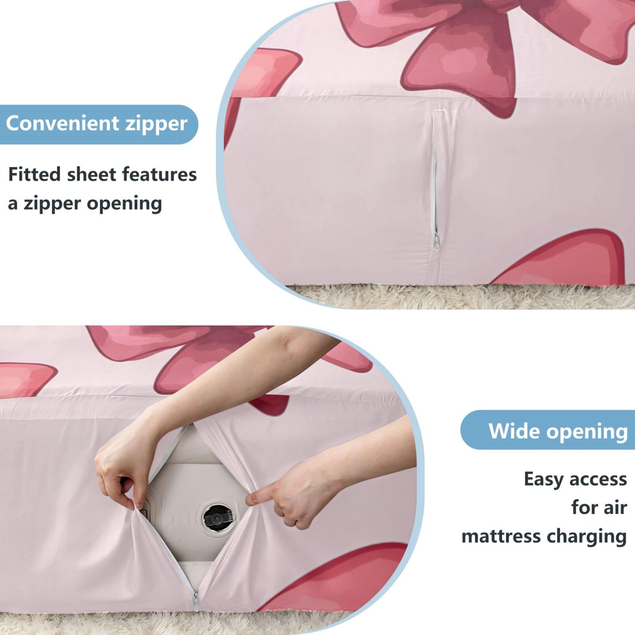 Bows Sábana bajera ajustable individual para colchón de aire, bolsillo extra profundo de 24 pulgadas, funda suave y transpirable con apertura de válvula de cremallera para cama de aire