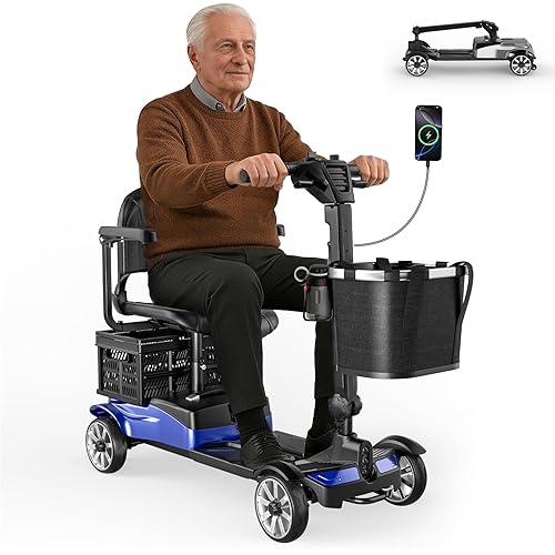 4 Wheels Mobility Scooters for Seniors, Foldable Mobility Electric Scooter, 350LBS Capacity& 15 Miles Range&350W Powerful Moto&Rotating Seat&LED Light& Double Baskets&Auto Brake-Blue