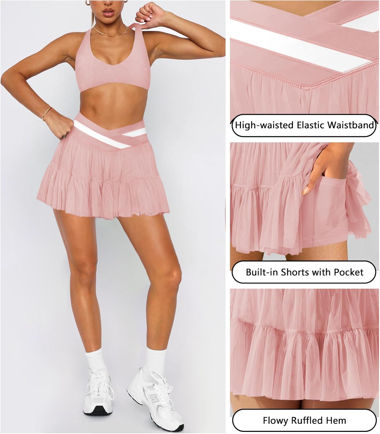 Women's Pleated Flowy Ruffle Tennis Skirt Skort for Women Crossover High Waisted Mini Golf Athletic Skirt with Shorts - Image 4