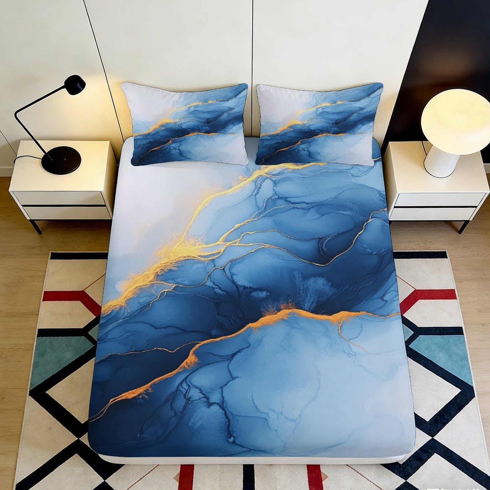 3D Printed Blue Marble Fitted Sheet Microfiber Soft Durable Golden Veins Bed Cover for Bedroom Dormitory Guest Room Mattress Protection 160x200x25cm