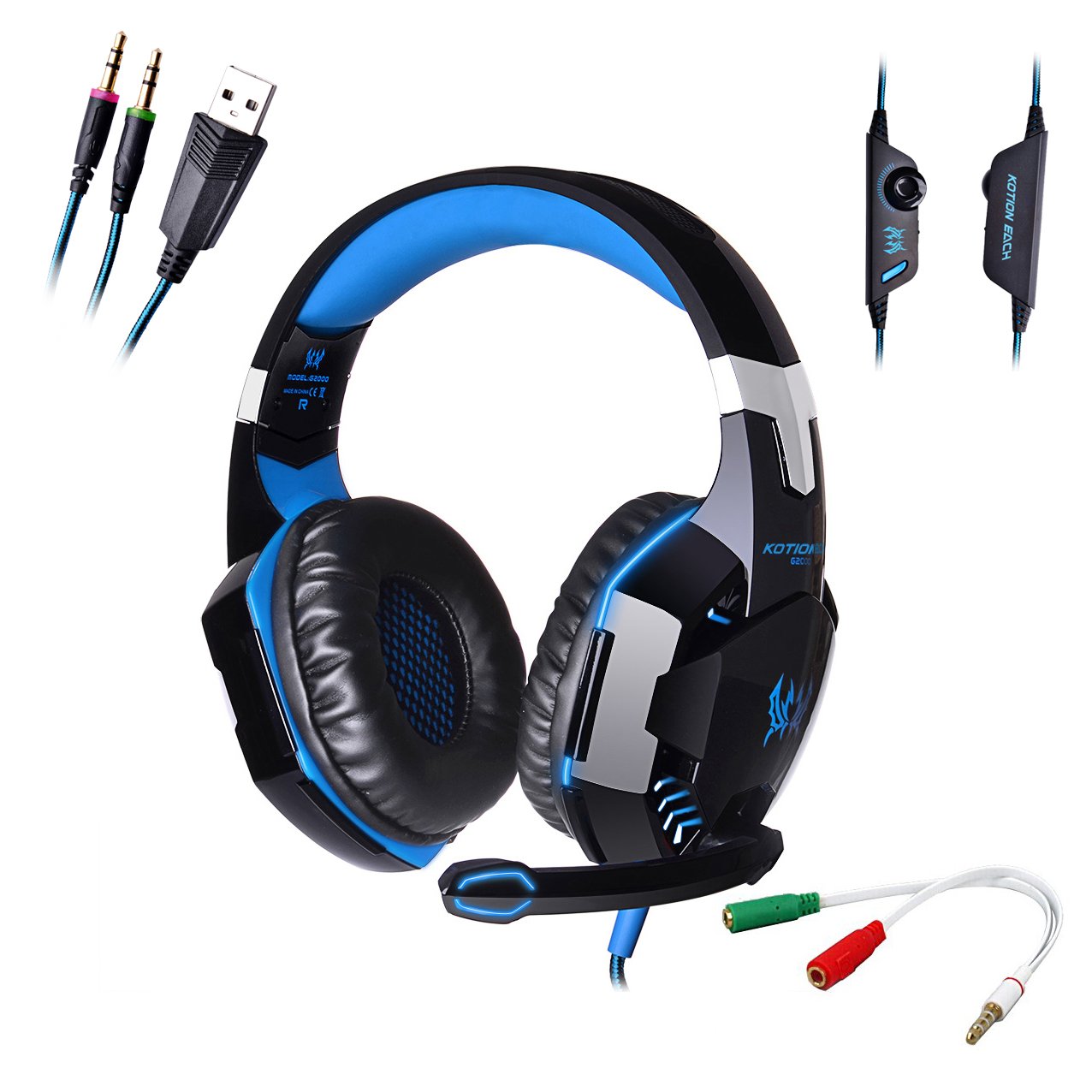 AFUNTA G2000 Stereo Gaming Headset Compatible PS4 PC with Mic,Bass Over-ear Headphones with Volume Control and LED Lights for Laptop Computer Smartphones-Blue
