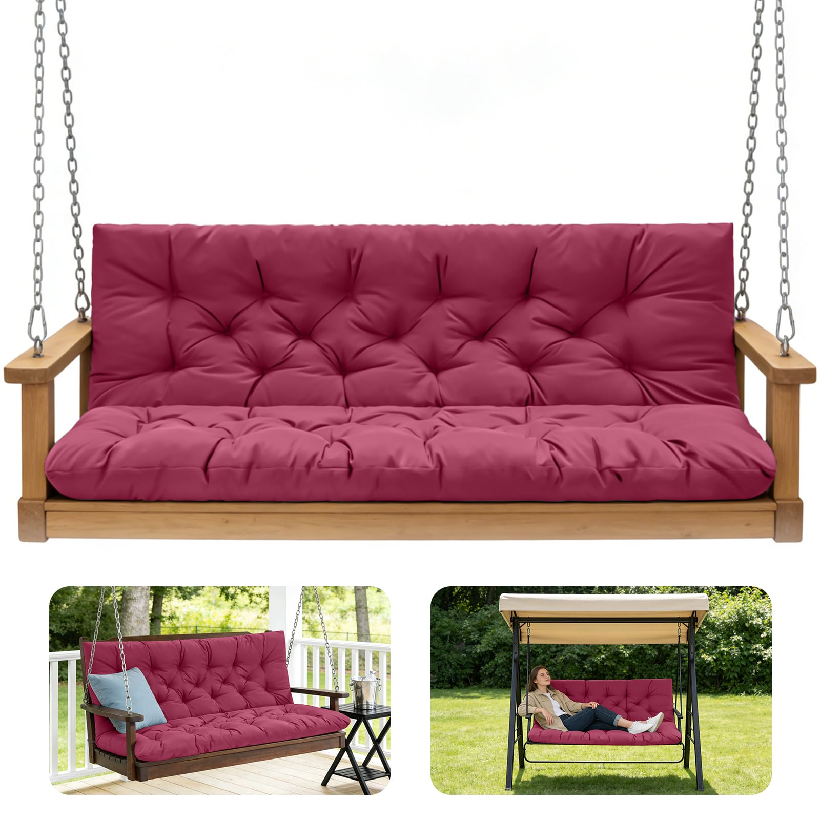 Photo 1 of GPQAWER Porch Swing Cushions,Outdoor Cushions 3 Seater Replacement with Backrest, Waterproof Thickened Bench Cushion with Ties for Porch, Patio,Outdoor, Backyard and Garden (Wine Red 60 * 40 in)