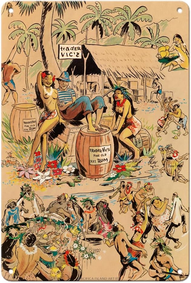 Pacifica Island Art Trader Vics Tiki Bar Menu Cover - Vintage Advertising Poster by Kay c.1947-8 x 12 inch Vintage Metal Tin Sign