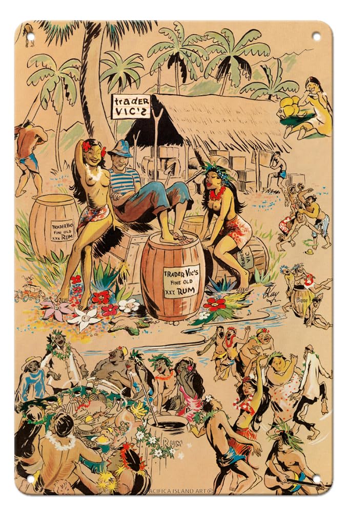 Pacifica Island Art Trader Vics Tiki Bar Menu Cover - Vintage Advertising Poster by Kay c.1947-8 x 12 inch Vintage Metal Tin Sign