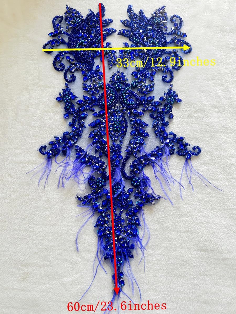 Handmade Rhinestones lace Appliques sew on Beads Trim Patches for Ostrich Feather Dress Clothing Accessories 1PCS/Bag 12.9X23.6inches (Black)