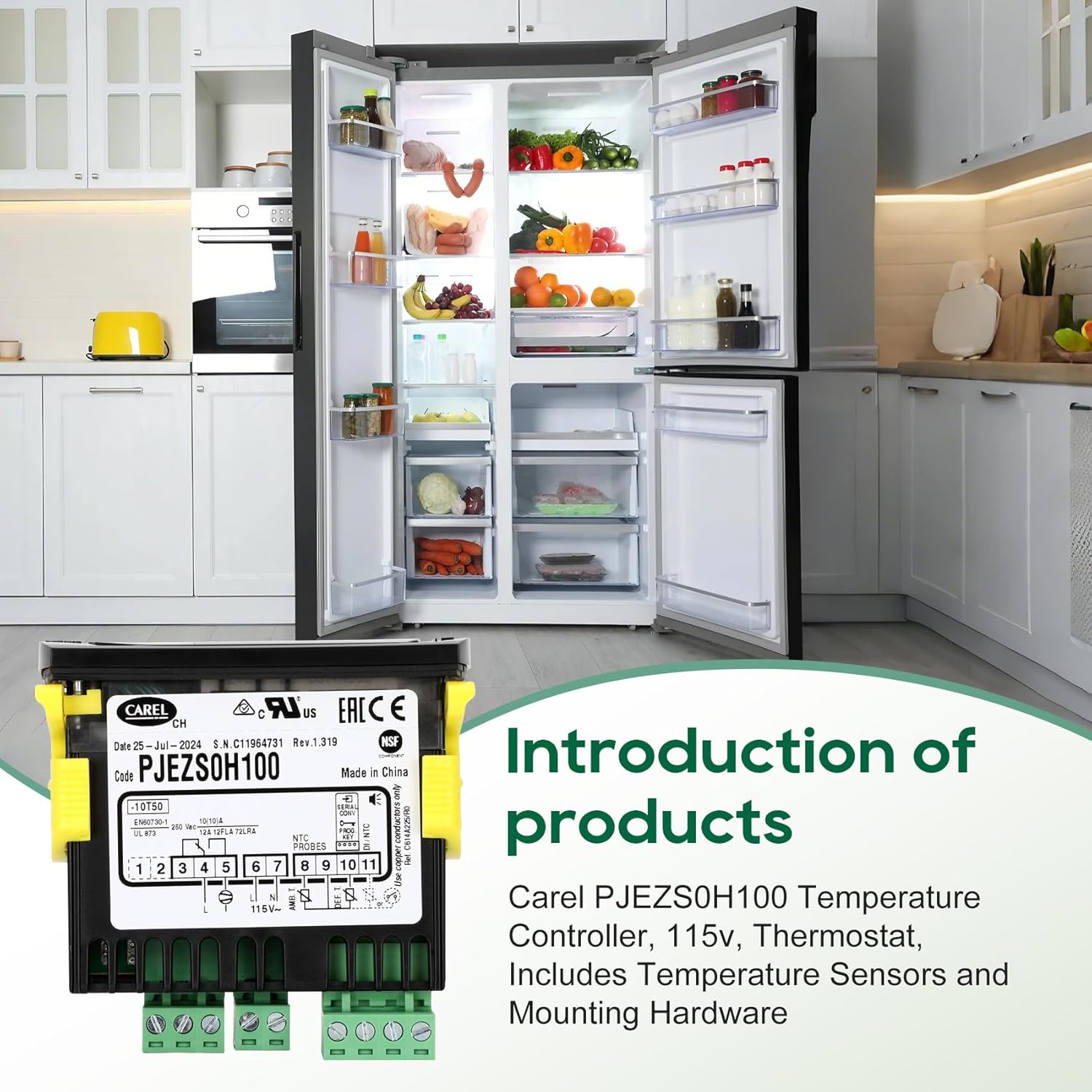 Carel Temperature Controller PJEZS0H100, Digital Thermostat with Temperature Sensor Probe, 115V, Compatible with Carel and All Refrigerator Types, Mounting Hardware and Instructions, Original OEM