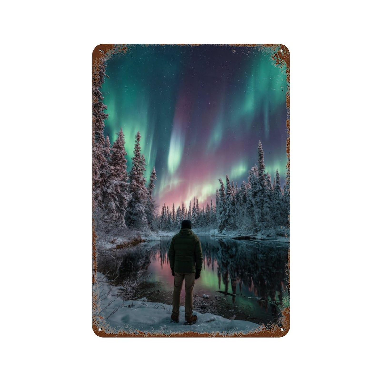 Northern Lights Reflections Rusty Metal Tin Sign 11.8"x7.9", Industrial Home Decor for Garage, Pub Or Kitchen