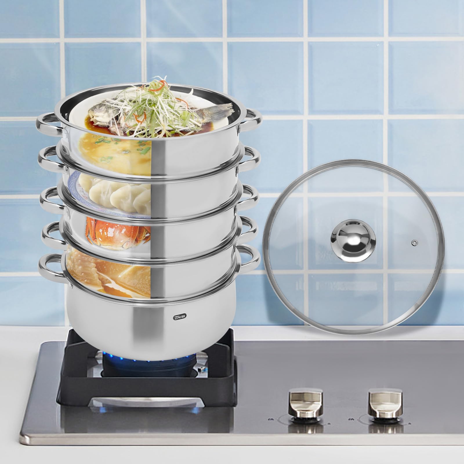 Cuiseur vapeur, à 5 étages, en acier inoxydable 304, avec couvercle en verre, 28 cm, empilable, pour cuisinières à gaz, magnétiques, fours électriques en céramique