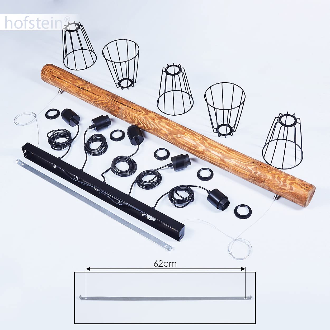 Lampa wisząca Canedo, 5-lampowa lampa wisząca z metalu/drewna w kolorze czarnym/brązowym w stylu skandynawskim, lampa wisząca z drewnianym prętem i kloszami w kształcie kraty, 5 x E27, bez żarówek