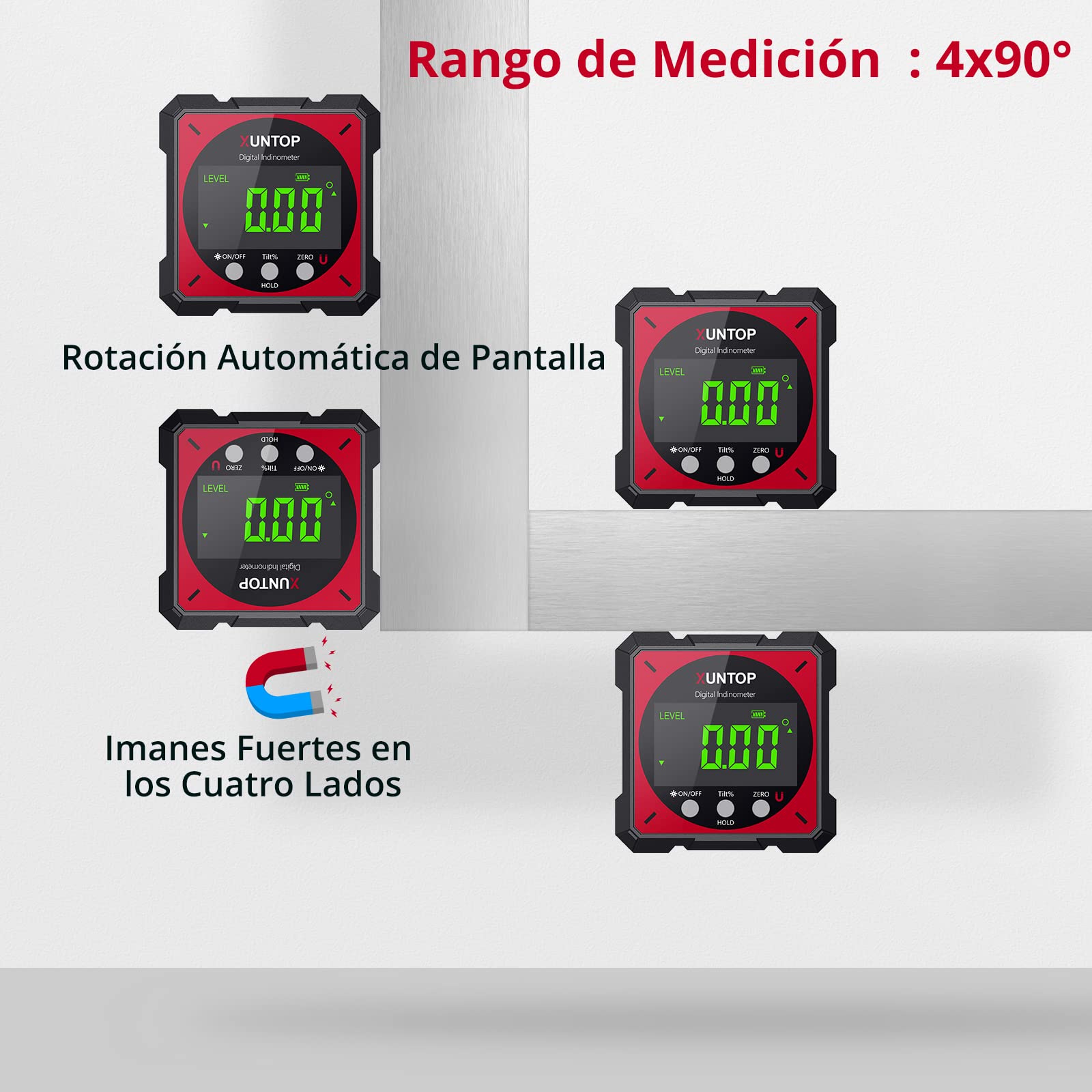XUNTOP Inclinometro Digital 4x90° Caja de Nivel Digital con Láser Electrónico Inclinómetro Digital Impermeable IP54 para Automóviles, Carpintería, Construcción