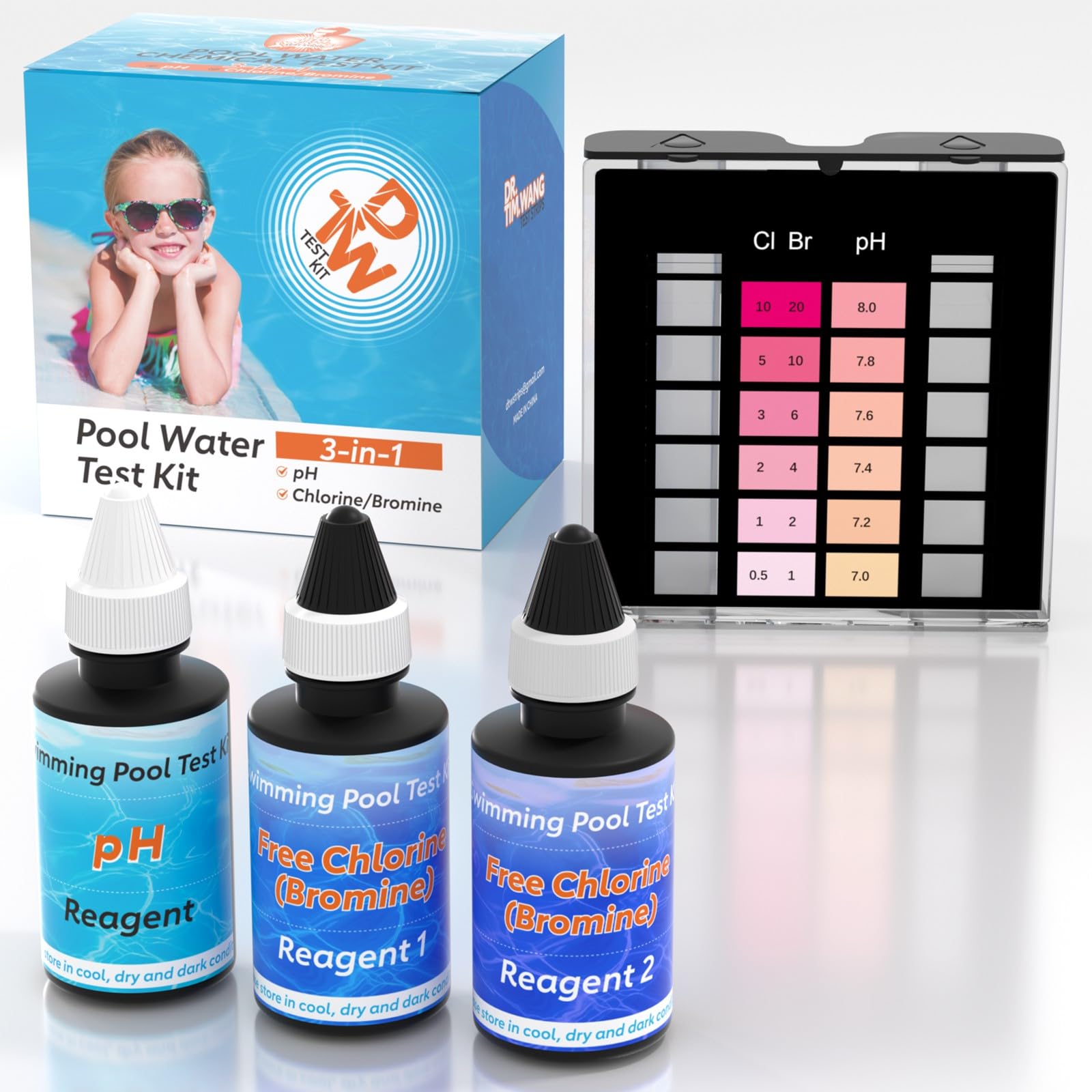 Dr.Tim.Wang 3 Way Pool Test Kit - Hot Tub and Spa Water Chemical Test Kit for Chlorine(Bromine) and pH Test