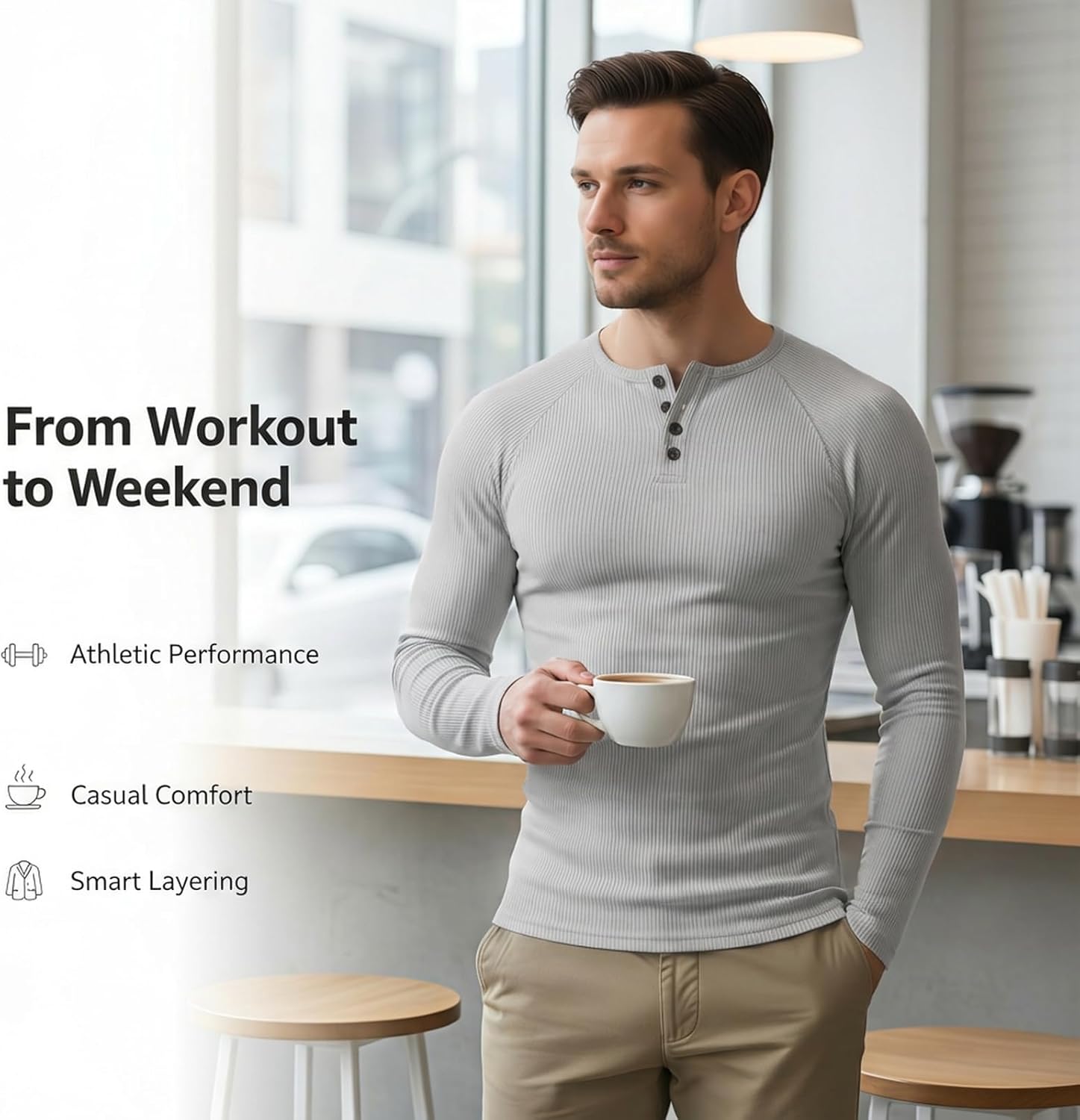 TrailTech Men's Thermal Henley Long Sleeve Ribbed Knit Base Layer, Warm Fleece Lined Slim Fit Undershirt with Laundry Bag - Image 2