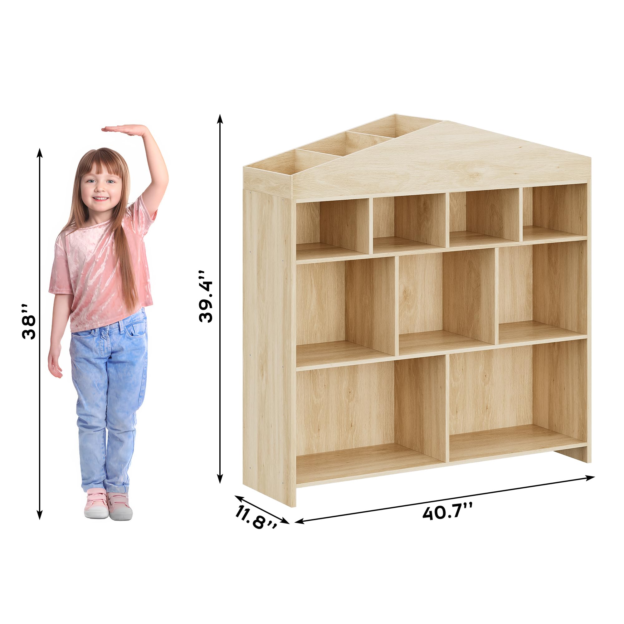 Garvee Kinder Bücherregal Hausform Regal Kinderregal Aufbewahrungsregal für Kinder Kinderzimmerregal mit 4 Ebenen Spielzeug Organizer Kindermöbel für Kindergarten Spielzimmer Holzfarbe 103.5x100x30 cm