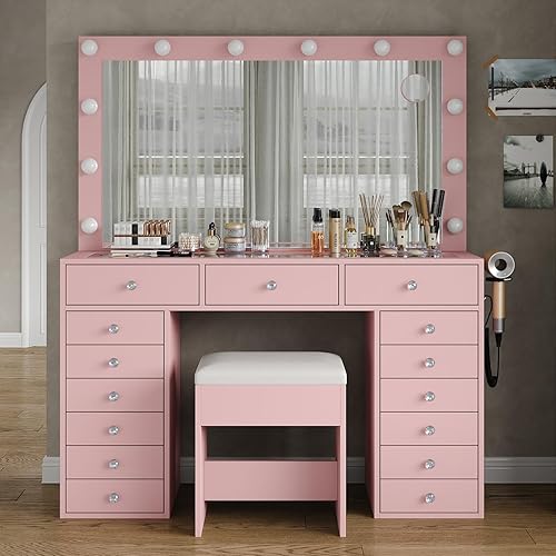 FUSOU 15 Drawers Vanity with Mirror and 12 LED Lights, Makeup Vanity with Charging Station, 3 Color Modes Adjustable Brightness, Glass Top Vanity Desk with Stool for Bedroom, Pink