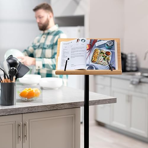 Miniatura 7 de VIVO Soporte móvil de lectura de podio móvil de 16 pulgadas, soporte portátil para libros rodantes, superficies de bambú reales y poste negro,