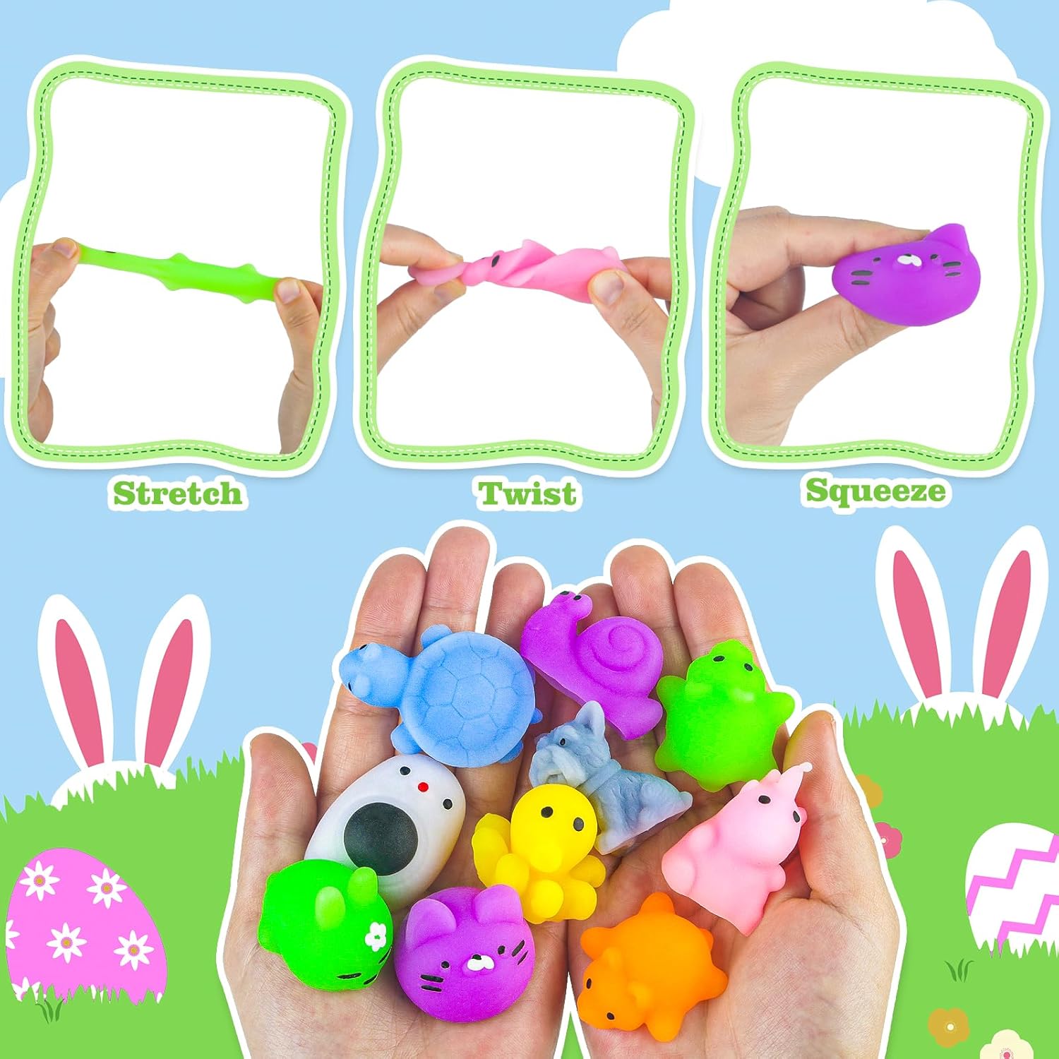 24 Pack Prefilled Easter Eggs with Squishy Animals Toys Inside for Kids, Easter Basket Stuffers Fillers Mochi Stress Relief Toys for Easter Hunt, Party Favor, Easter Gifts, Classroom Prizes