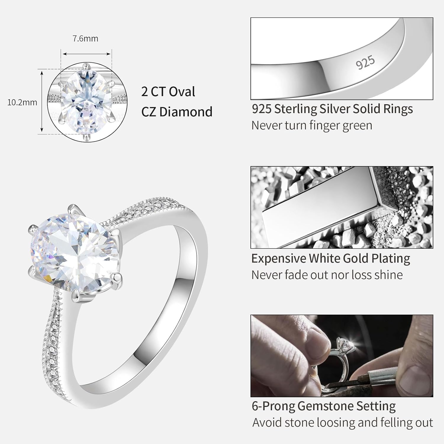2ct Oval Cut Cubic Zirconia Engagement Ring for Women, Sterling Silver Wedding Band with Rhodium Plating, Size 5-11, Hypoallergenic, Gift for Her (Anniversary, Proposal, Valentine’s Day) - Image 2