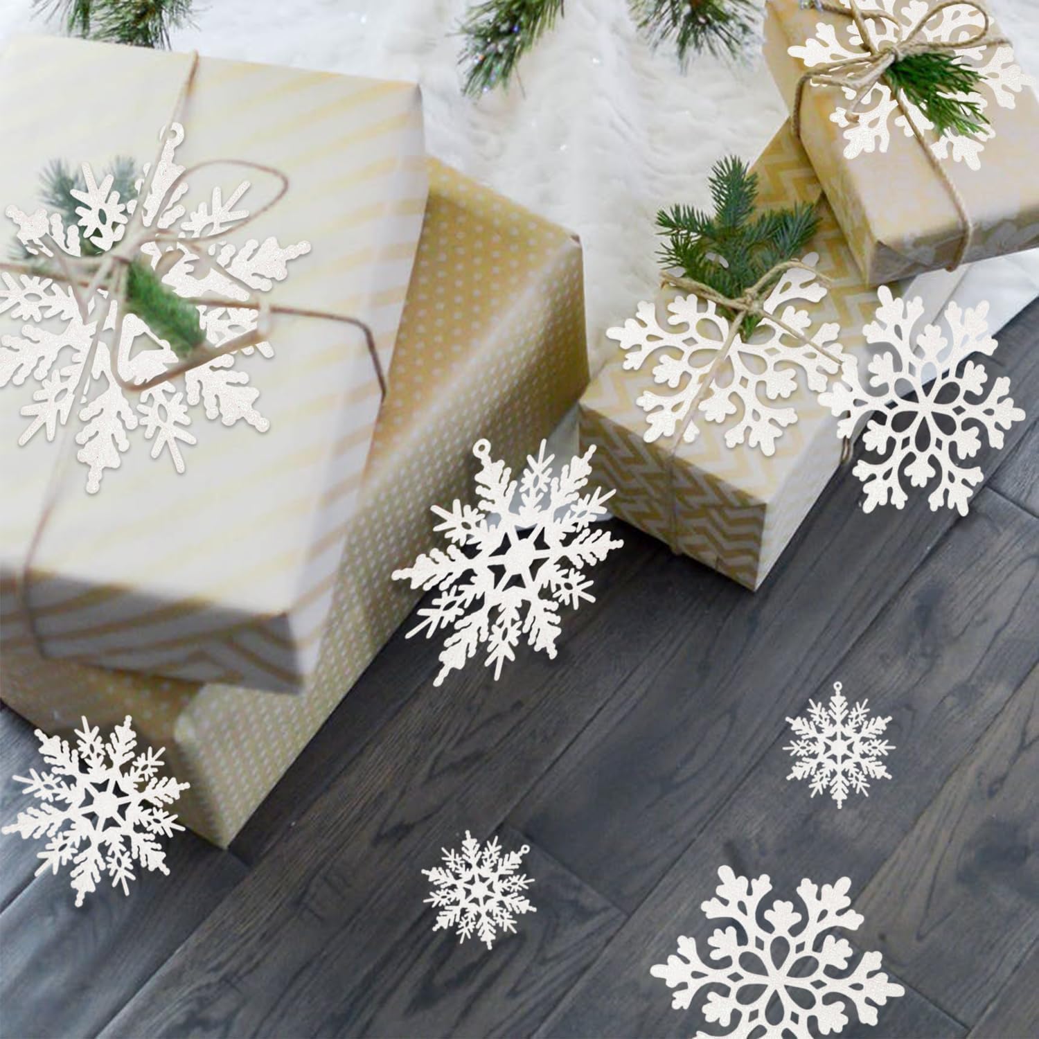 36 Pcs, Decorações de Natal, Natal Decoração, Ornamentos de Floco de Neve de Branco, com Glitter Iridescente Cintilante, de Cordão para Decoração, Floco de Neve, (10cm/16Pcs, 7cm/10Pcs, 5cm/10Pcs)