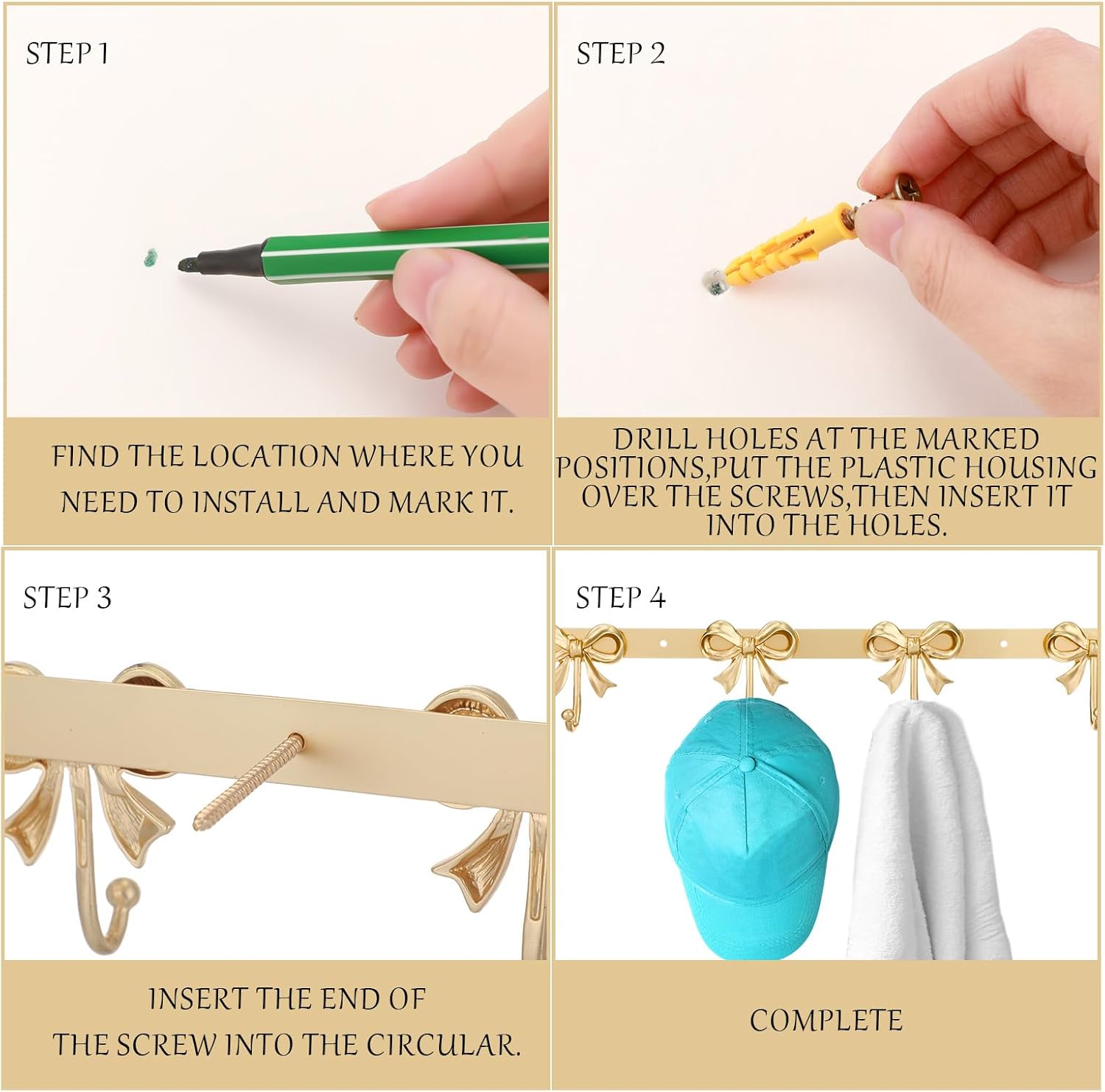 2 Pack Gold Bow Hooks Coat Rack Wall Mounted Metal 4 Hooks Coquette Bowknot Wall Hanger Nursery Bedroom Bathroom Living Room Kitchen Home Decor for Hanging Coats Hat Towels Purse Bag Keys