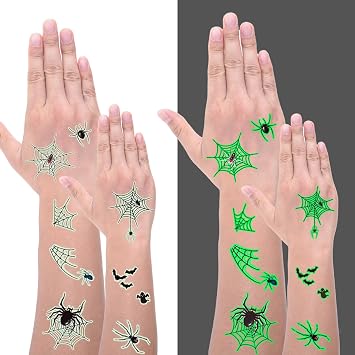 8 Sheets Halloween Tattoos for Kids Spider Web Glow in The Dark Halloween Tattoos Black Spider Tattoos Stickers for Boy Girls Assorted Goodies Tattoo Goody Bag Stuffers