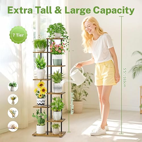 Miniatura 2 de iDavosic.ly Soporte alto para plantas de 7 niveles para interiores, estante esquinero escalonado de metal y madera para múltiples flores, estante de