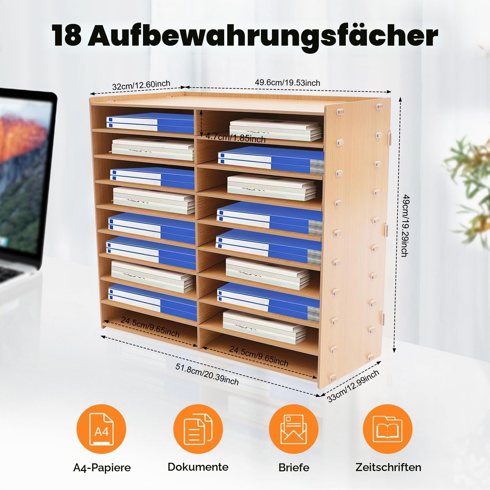 Holz Schreibtisch-Organizer, 18-Fächer-Holz-Papierpost-Briefablage Sorter Multifunktionales Aktenregal Ablage Ablagesystem Geeignet Für A4-Ordner, Zeitschriften