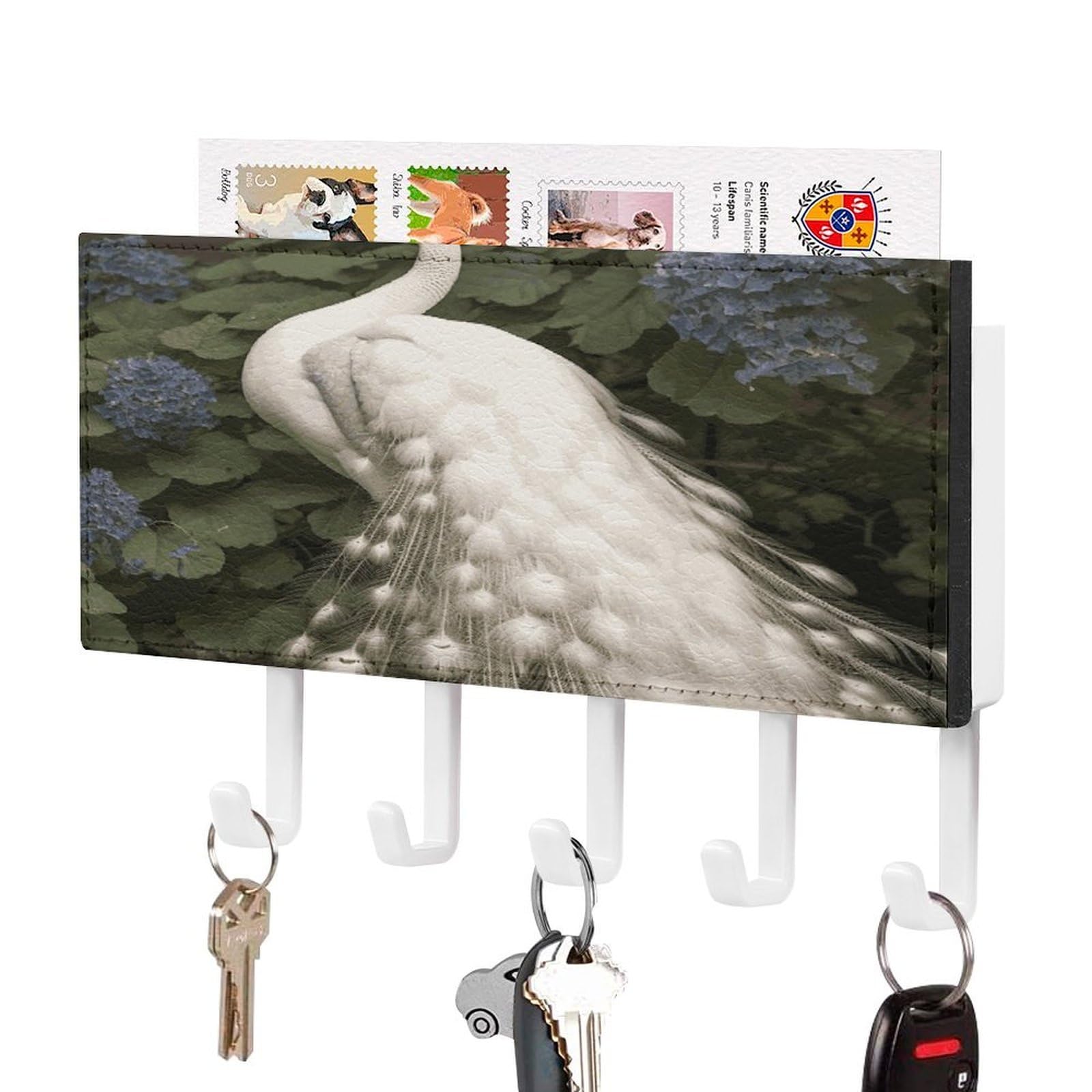 LDGSUPH White Peacock Key Holder Wall Mount Key Hanger with 5 Hooks Fashion Key Organizer Rack Hanging Key Hooks with Mail Organizer Key Rack for Home Entryway Hallway White-Style