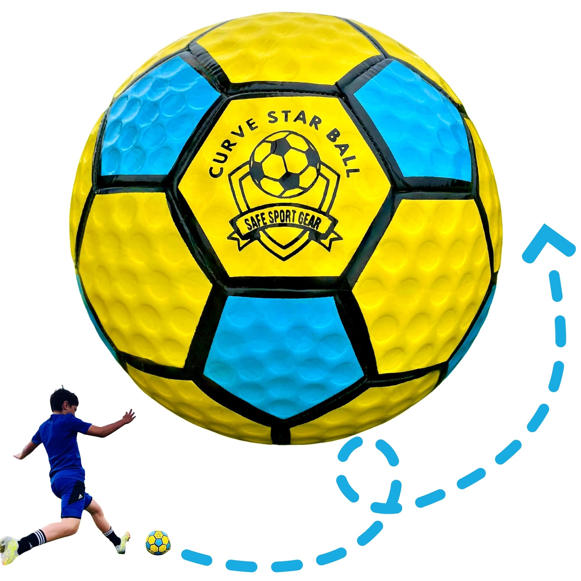 Safe Sport Gear Curve Star Fußball – Kurve Deine Schläge Wie EIN Profi mit Diesem Lustigen Kinder-Fußballgeschenk – Toller, Leichter Fußball in Größe 5 für Kinder (Gelb)