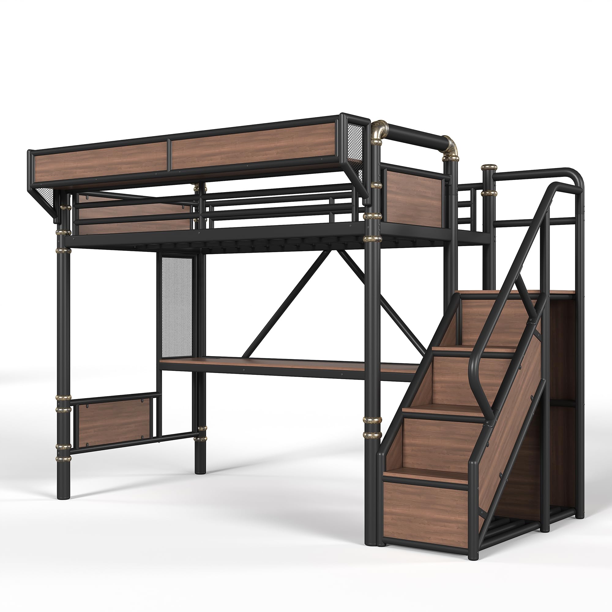 Photo 1 of KEIKI Twin XL Size Metal Loft Bed Frame with Staircase & Built-in Desk & Wardrobe, Loft Bed with Pegboard & Mesh Storage Baskets & Slats, No Box Spring Required, Easy Assembly, for Bedroom, Black