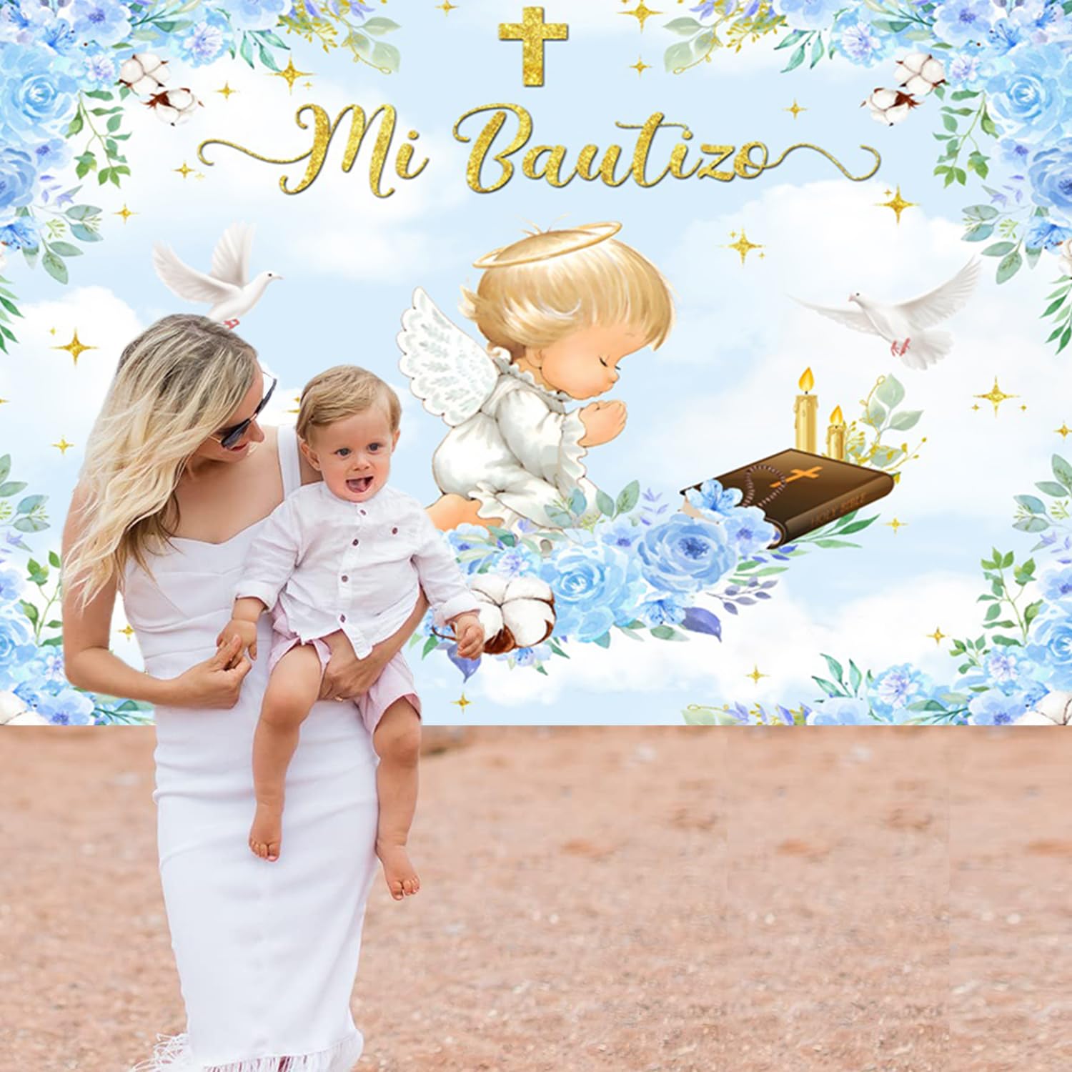 Fotohintergrund Für Babyparty – Motiv 'Mi Bautizo' Mit Goldenem Kreuz – 2,4x1,8 M