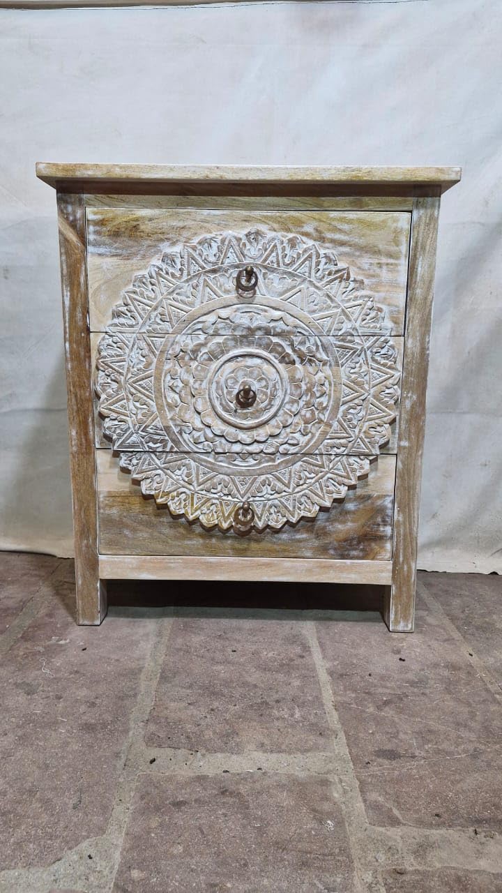Nazar Art & Craft Wooden Carved Chest of Drawer Cabinet | Wooden Storage Furniture for Home | Chest of Drawers Wooden for Living Room | Antique White and Brown Finish-image-2