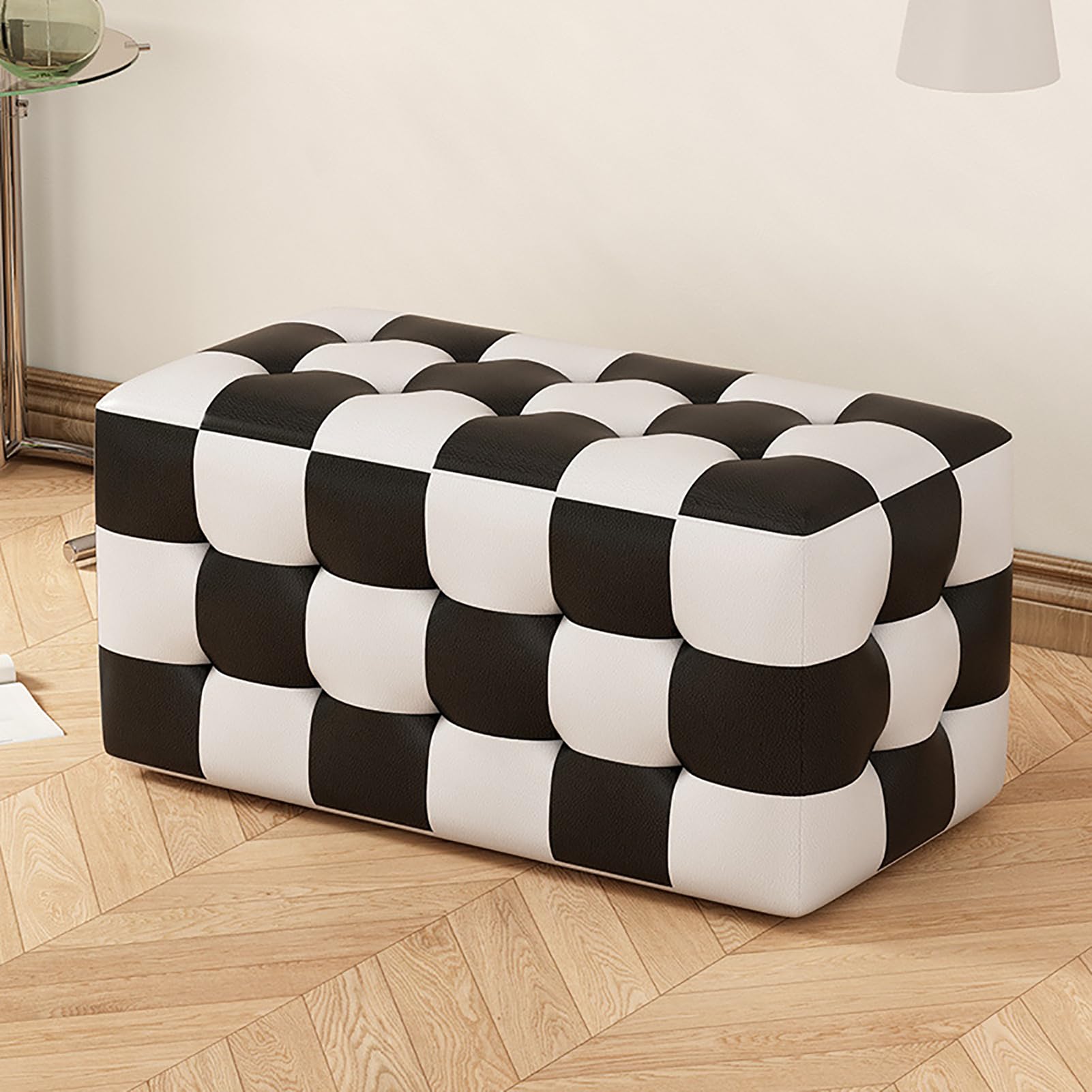 MSHGSKU Modern Checkered Pouf Cube Multi Functional Shoe Bench Upholstered Footrest for Living Room Bedroom Entryway 90cm 35" Leather Ottoman Stool