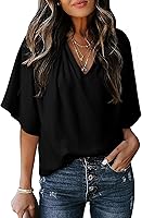 Dokotoo Women's Chiffon Bell Sleeve Blouse V-Neck Short Sleeve Tops Summer Business Casual Work Shirts