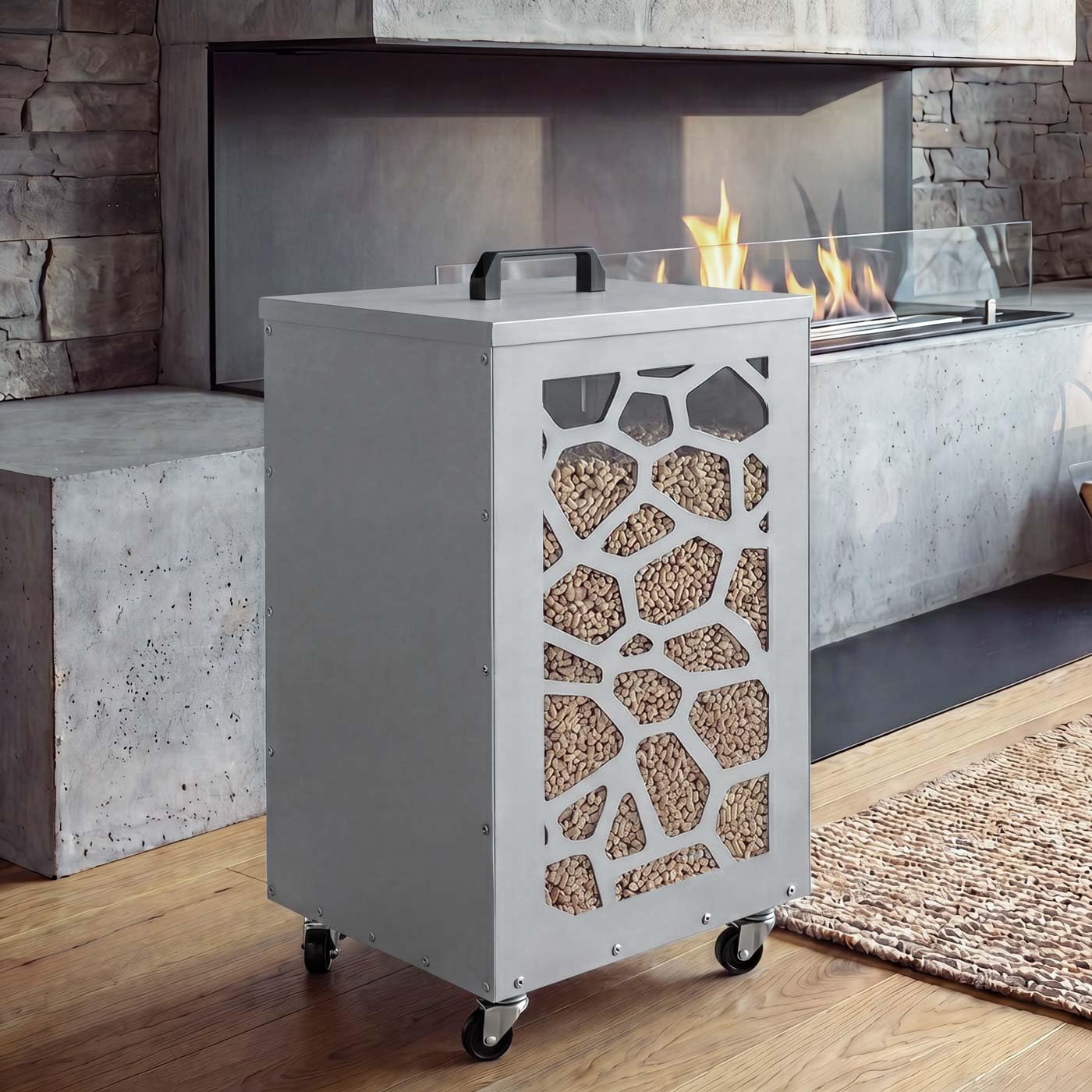 Mendler Contenitore per Pellet Nido Ape HWC-Q30 stoccaggio Pellet, con setaccio Filtro e rotelle 64x36x36cm - Bianco Grigio
