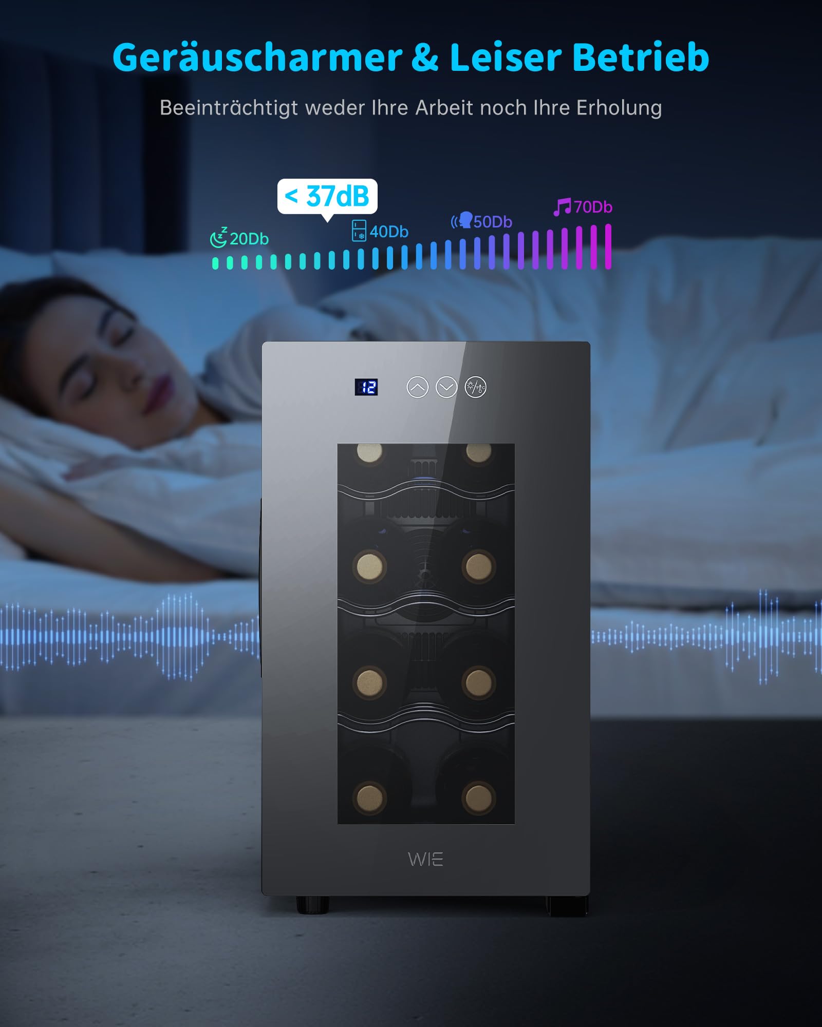WIE Weinkühlschrank 8 Flasche Getränkekühlschrank 23L Weinschrank Klein 5-18°C Wein-Kühlschrank mit Glastür Vollglas-Designtür LED Touchpanel Anti-UV Mini Wine Fridge