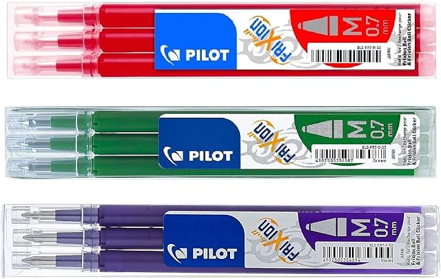 Pilot Frixion erasable pens refill, 9 refill bundle Green, Red, Violet or Purple gel ink fine pt 0.7mm, assorted colors